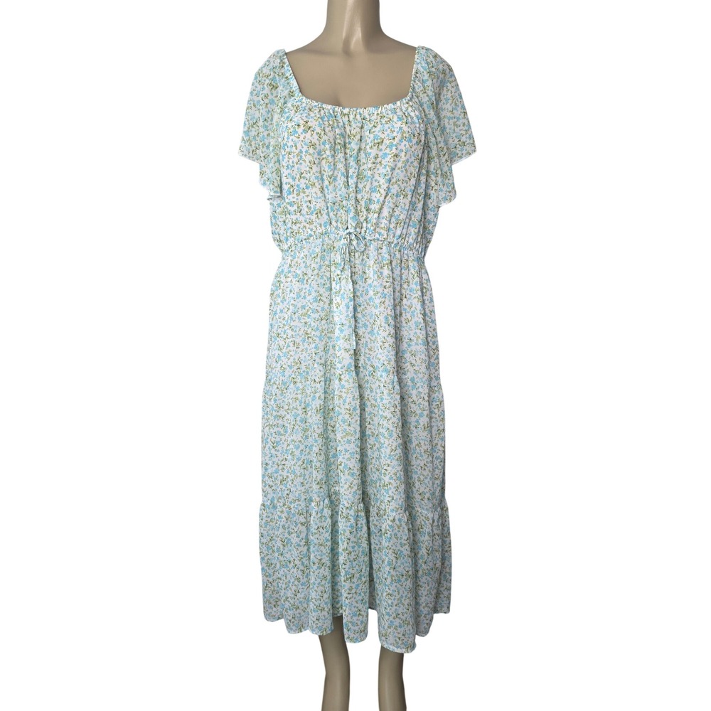 Time and Tru Dress Womens XL Blue Floral Flutter Sleeve Tiered Midi A-Line
